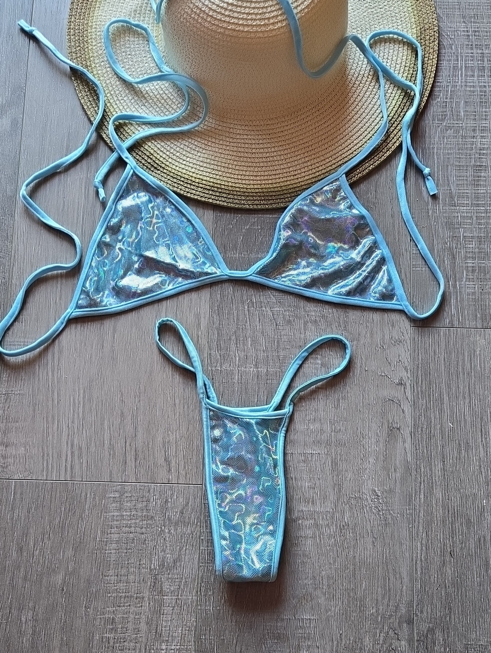Iridescent Light Blue Holographic Bikini 3 Piece Set. Small